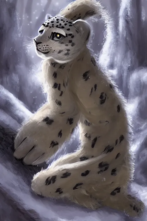 Image similar to an anthropomorphic medieval snow leopard with a fluffy tail in the forest, trending on artstation, trending on furaffinity, digital art, by kawacy, anime, furry art, warm light, backlighting