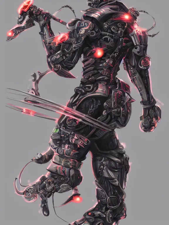 Image similar to full body front view portrait of natural, bio - mechanical ninja samurai, nature and cyber, character design, correct anatomy, concept art, digital illustration, ray tracing, ultra detailed, fantasy, neon lighting, intricate and highly detailed, coloured with lots of colour, pose, fantasy, sharp focus,