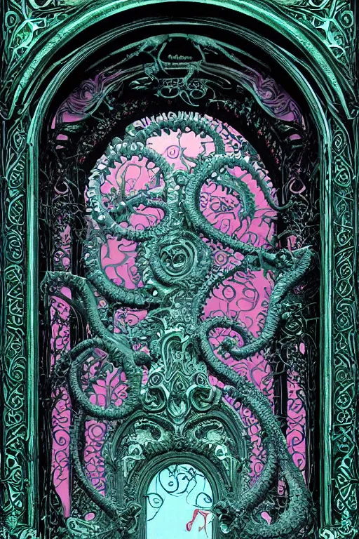 Image similar to art nouveau baroque architecture, demonic lovecraftian mouth gateway doorway portal to infernal hell, ornate stonework, made of bone and teeth, hyperdetailed cosmic gems, volumetric lighting, sigils, magenta and green color palette, wayne barlowe , moebius, yoshitako amano