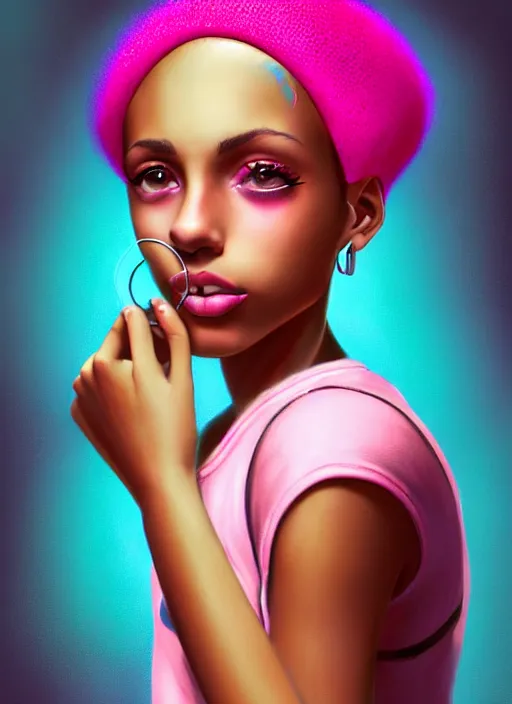 Image similar to portrait of teenage vanessa morgan with bright pink hair, black girl, curly pixie cut hair, wearing newsboy cap, pink short haircut, newsboy cap, hoop earrings, blue eyes, intricate, elegant, glowing lights, highly detailed, digital painting, artstation, concept art, smooth, sharp focus, illustration, art by wlop, mars ravelo and greg rutkowski