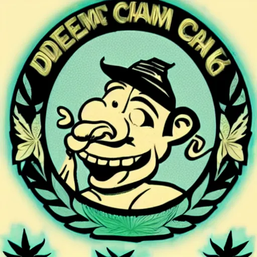 Image similar to dream logo for cannabis company, Popeye smoking cannabis, old, dates, worn, faded