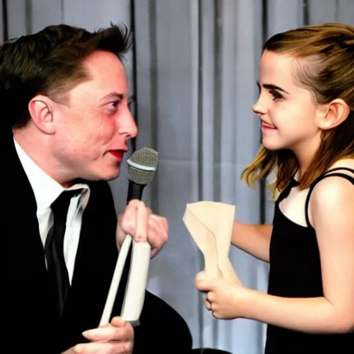 Image similar to young emma watson asking her father elon musk to go out very detailed