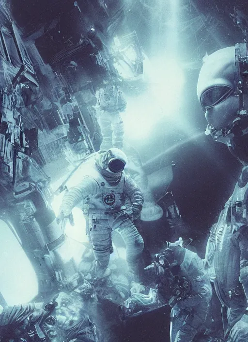Image similar to astronauts in dark and empty void underwater - complex and hyperdetailed technical suit. reflection and dispersion materials. rays and dispersion of light. volumetric light. 5 0 mm, f / 3 2. noise film photo. flash photography. ultra realistic, wide angle. poster by wayne barlowe, hajime sorayama aaron horkey, craig mullins