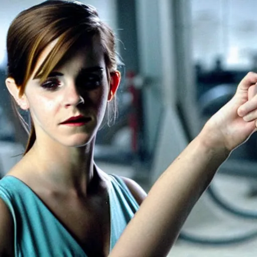 Prompt: beautiful still of Emma Watson in Stargate SG-1 in front of the stargate