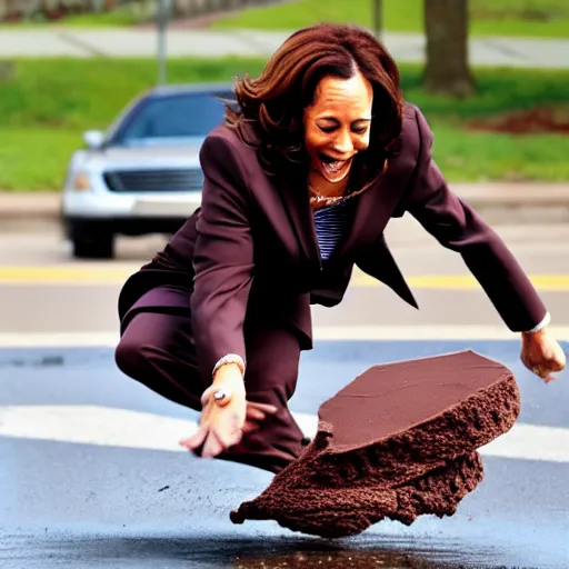 Image similar to kamala harris falling off a bicycle into a puddle of chocolate