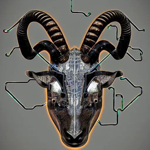 Image similar to cybernetic evil goat head merged with complex circuitry and machinery