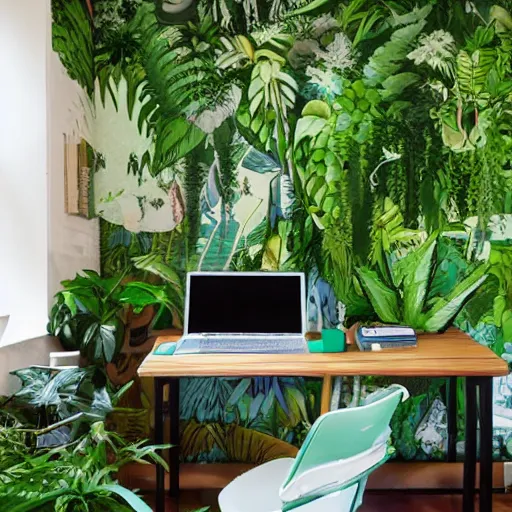 Prompt: home office with lush vegetation by Studio Ghibli