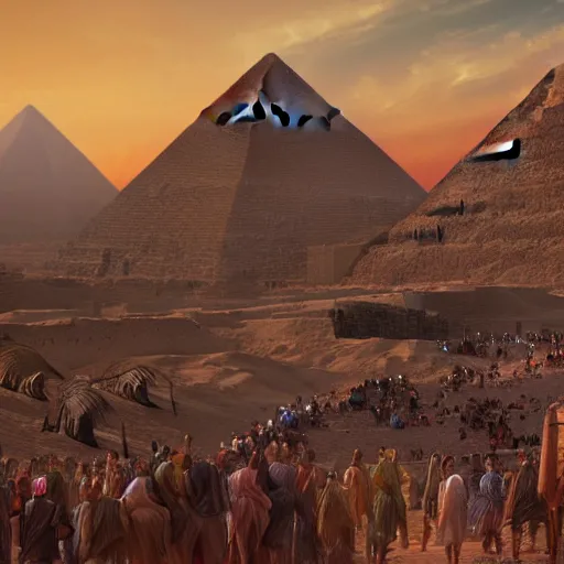 Image similar to Matte painting of Exodus from Egypt. Large crowds of people in Biblical outfits walking in the desert. Pyramids behind. Large pillar of cloud leading the way, detailed digital art trending in artstation