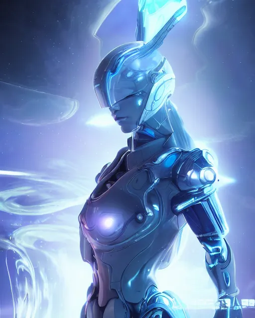 Image similar to perfect android girl on a mothership, warframe armor, beautiful face, scifi, futuristic, galaxy, nebula, raytracing, dreamy, long white hair, blue cyborg eyes, sharp focus, cinematic lighting, highly detailed, artstation, divine, by gauthier leblanc, kazuya takahashi, huifeng huang