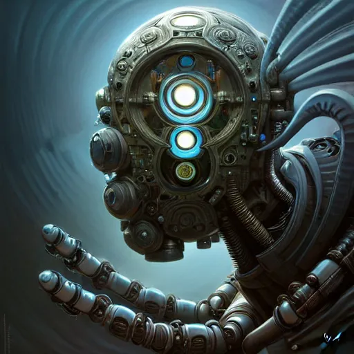 Image similar to low angle shot of a fractal cyberpunk gazmask robot character, intricate, elegant, highly detailed, centered, digital painting, artstation, concept art, smooth, sharp focus, illustration, artgerm, Tomasz Alen Kopera, Peter Mohrbacher, donato giancola, Joseph Christian Leyendecker, WLOP, Boris Vallejo