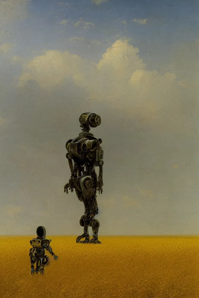 Prompt: painting of the back view of one terminator robot, standing far away in the yellow wheat fields, looking at some gargantuan tall buildings by Ivan Aivazovsky