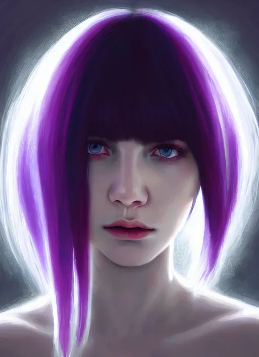 Image similar to hair whitebangs hair, black hair, whitebangs, portrait of teenage girl with white bangs, red irises, purple clothes, white bangs, bangs are different color from hair, intricate, elegant, glowing lights, highly detailed, digital painting, artstation, concept art, smooth, sharp focus, illustration, art by wlop, mars ravelo and greg rutkowski