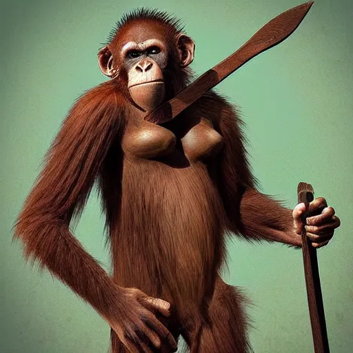 Prompt: “tall Goblin orangutan human hyena hybrid with mange holding a spear, jungle background”