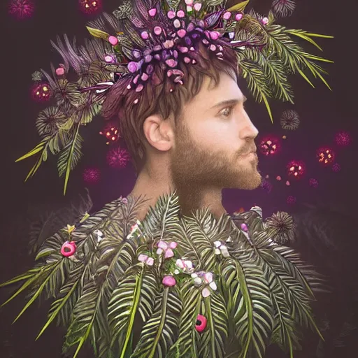 Image similar to a male knight with beard, stern face, clear eyes, shining armour made of steel, and fractal flowery hair in a fractal garden, glowing delicate flower, berries and ferns that grow in a dark flowering fantasy forest, full frame,