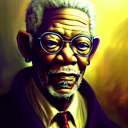 Prompt: portrait painting of a cyberpunk elf corporate boss morgan freeman, sharp focus, award - winning, trending on artstation, masterpiece, highly detailed, intricate. art by charlie bowater and greg staples and elsa beskow and brian froud and jessica rossier