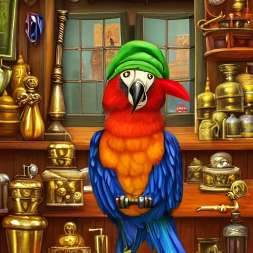Image similar to Anthropomorphized parrot trader in his shop, selling his wares, portrait, items, gold, magic potions, carpet, window, funny hat, sly expression , cunning expression, cute expression, long thick shiny gold beak, presenting wares, holding a gold bag, D&D, fantasy, cinematic lighting, highly detailed, digital painting, artstation, concept art, smooth, sharp focus, illustration, warm light, cozy warm tint, magic the gathering artwork, volumetric lighting, 8k, art by Akihiko Yoshida, Greg Rutkowski
