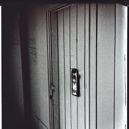 Image similar to low angle wide shot of the door, door is slightly open, the darkness behind it, with multiple white and yellow eyes glowing, eyes gleaming, eyes shining in the dark ominously, sunset, polaroid photo, by Warhol,