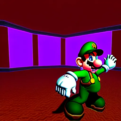 Prompt: mario in doom 6 4, mario is doom guy, doom dark moody colored lighting