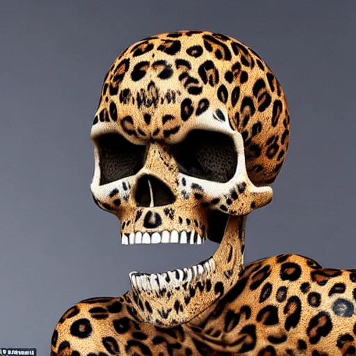 Image similar to Skull that look too much like skull!, an 8k CG character rendering of a spider-like hunting female on its back, fangs extended, wearing a leopard-patterned dress, set against a white background, with textured hair and skin.