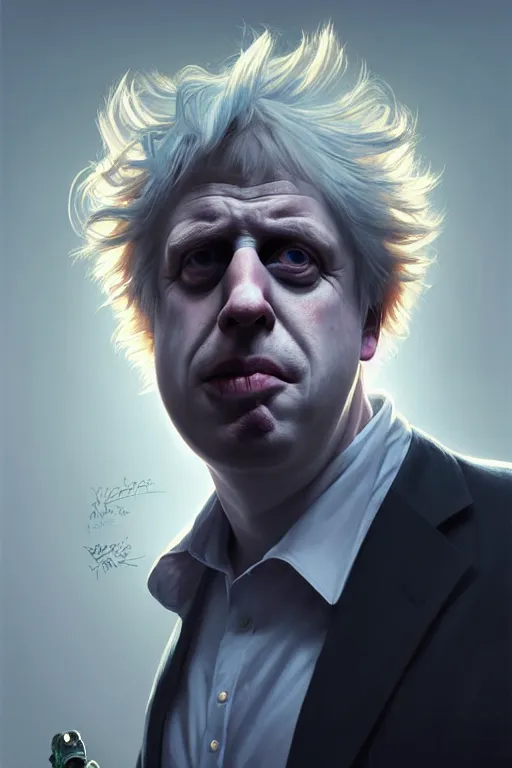 Image similar to Boris Johnson as Rick Sanchez, realistic portrait, symmetrical, highly detailed, digital painting, artstation, concept art, smooth, sharp focus, illustration, cinematic lighting, art by artgerm and greg rutkowski and alphonse mucha