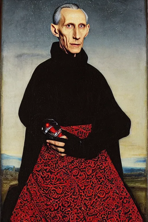 Image similar to portrait of grand moff tarkin as a sith lord, oil painting by jan van eyck, northern renaissance art, oil on canvas, wet - on - wet technique, realistic, expressive emotions, intricate textures, illusionistic detail