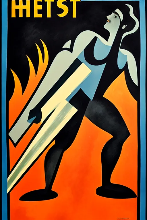 Prompt: art deco poster. hephaestus at the forge