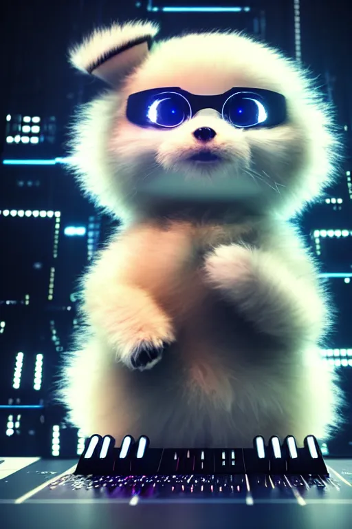 Prompt: high quality 3 d render very cute fluffy cyborg!! dog plays synthesizer, cyberpunk highly detailed, unreal engine cinematic smooth, in the style of blade runner & detective pikachu, hannah yata charlie immer, moody light, low angle, uhd 8 k, sharp focus