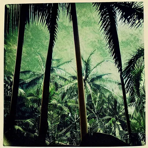 Prompt: photo on zenith, satellite by tadao ando in the tropical wood, palms, overgrown place, 7 0 s, mystic, melancholy, pinhole analogue photo quality, lomography, scratches on photo, noise effect, blur effect