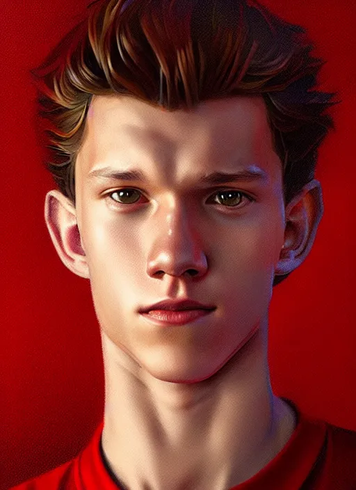 Prompt: portrait of tom holland with hazel eyes, hazel colored eyes, red shirt, intricate, elegant, glowing lights, highly detailed, digital painting, artstation, concept art, smooth, sharp focus, illustration, art by wlop, mars ravelo and greg rutkowski