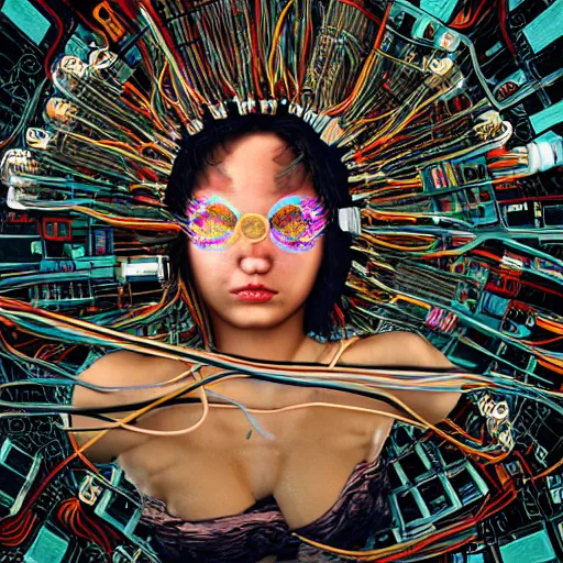 Image similar to give me a higher love, piles of modular synth cables, kawaii puerto rican goddess swimming up wearing a headpiece made of circuit boards, by cameron gray, wlop, stanley kubrick, masamune, hideki anno, jamie hewlett, unique perspective, trending on artstation, 3 d render, vivid