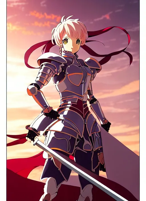 Image similar to key anime visual portrait of a woman knight in ceremonial armor, dynamic pose, cinematic, film grain, designed by yoh yoshinari, detailed, intricate, at night