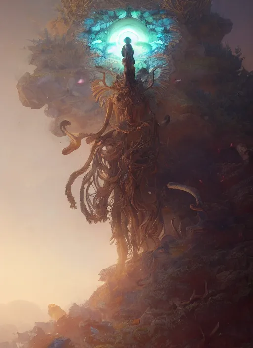 Prompt: Gigantic Stone Deity with a halo made of fluorescent mushrooms and antlers, flowing robes, extremly detailed digital painting, in the style of Fenghua Zhong and Ruan Jia and jeremy lipking and Peter Mohrbacher, mystical colors, rim light, beautiful lighting, 8k, stunning scene, raytracing, octane, trending on artstation