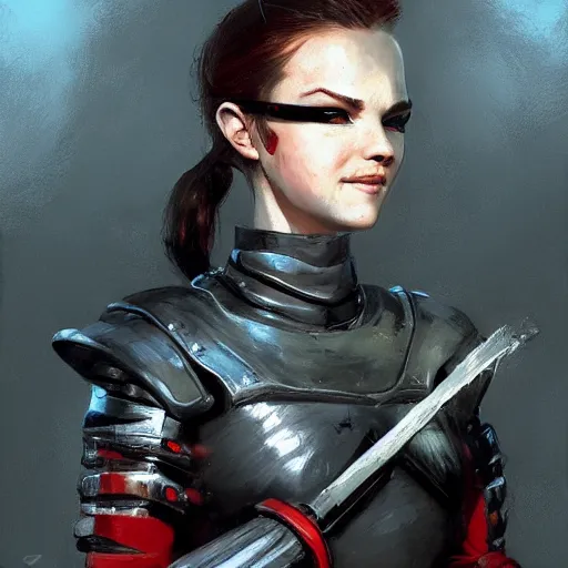 Image similar to gordon freeman as an attractive young smiling woman dressed as a knight, hd shot, digital portrait, beautiful, artstation, comic style, by artgerm, guy denning, jakub rozalski and charlie bowater