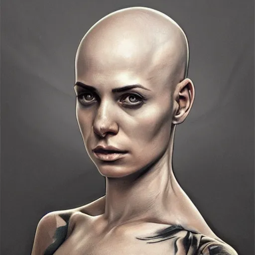 Prompt: portrait painting of a female soldier with no hair and a tattooed head, muscular upper body, wearing soldier fatigues, dystopian mood, dark fantasy, intricate, highly detailed, digital painting, artstation, concept art, smooth, sharp focus, illustration, art by artgerm and greg rutkowski and alphonse mucha