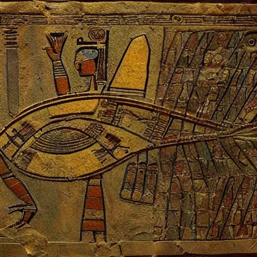 Prompt: a fragment of ancient egyptian hierographic panel Art, of a alien spaceship in art style of ancient art, fragmented, a spaceship!!!!! an alien spaceship in Ancient Egypt art style