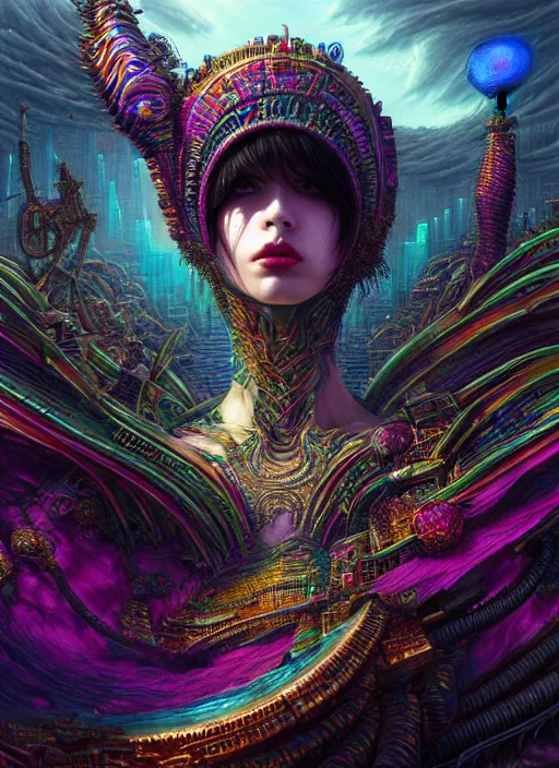 Prompt: hyper detailed ultra sharp of a goddesscore slutpunk biocore overcrowded flying island city trending on artstation, warpaint aesthetic, earthwave, colorful, psychedelic, ornate, intricate, digital painting, concept art, smooth, sharp focus, illustration, art by artgerm and greg rutkowski and h. r. giger, 8 k