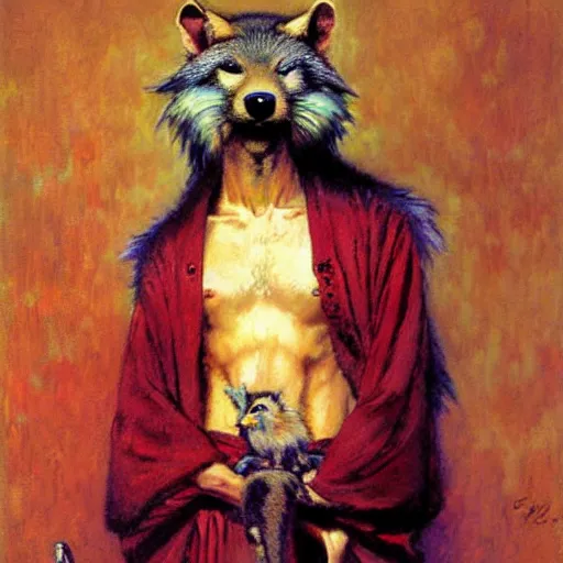 Prompt: a male ratwolfman rat wolf man in a red kimono furry arms furry body. furaffinity furry art detailed face painting by gaston bussiere craig mullins jc leyendecker gustav klimt artgerm greg rutkowski furry