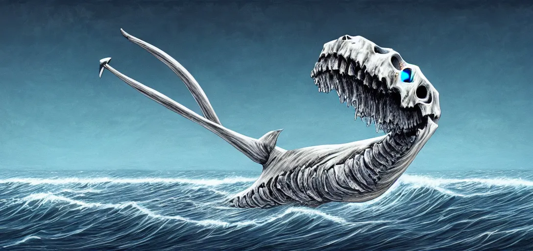 Image similar to a bleached bone skeleton of a narwhal that is leaping out of the ocean in the style of Keith Thompson and Christopher Bretz, highly detailed, digital painting, HDRI, vivid colors, high contrast, 8k resolution, intricate, photorealistic, smooth