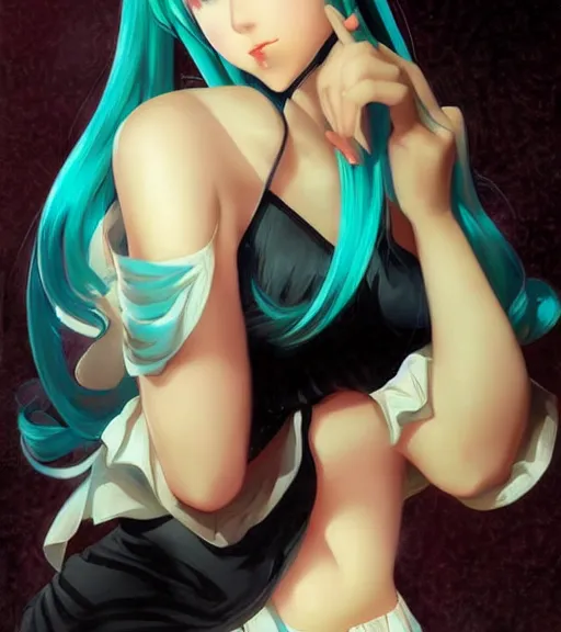 Prompt: Anime art very beautiful Hatsune miku by Gil Elvgren, Vladimir Volegov, Earl Moran, Enoch Bolles, symmetrical shoulders, very coherent, Gary