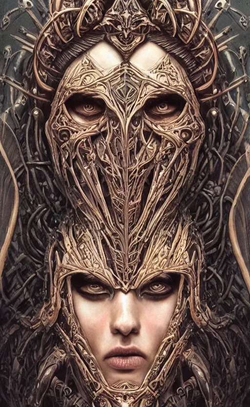 Image similar to Elden Ring themed painting of hybrid majestic aztec warrior princess fantasy biomechanical human beautiful immortal feminine angel symmetrical face angry mask closeup face breathing mask tattoo pattern golden ratio concept, deep forest psytrance Neo-Gothic concept, infinity glyph waves, intricate artwork masterpiece, very coherent artwork, cinematic, full frontal facial features by Artgerm, Takato Yamamoto, Zdizslaw Beksinski, Johnatan Wayshak, Moebius, Ayami Kojima, very anatomically coherent artwork, trending on cgsociety, ultra high quality model, production quality cinema model, high detail chromatic ink outline, octane render, unreal engine 8k, hyper realism, high detail, octane render, unreal engine, 8k, High contrast