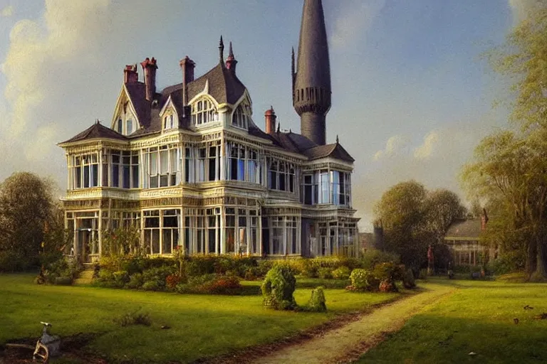 Image similar to a beautiful painting of a victorian house with bay windows, a tower and a greenhouse in the morning, very detailed by samuel and joseph newsom, harry potter