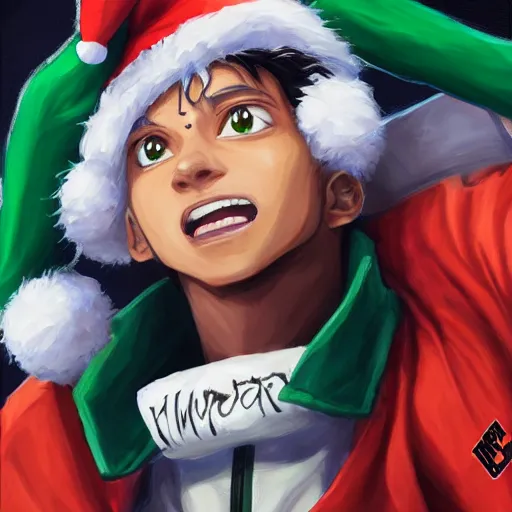 Prompt: an oil painting of a izuku midoriya wearing a hip - hop rap christmas hat, by artgerm, hd, hdr, ue 5, ue 6, unreal engine 5, realistic anime 3 d style, cinematic 4 k wallpaper, 8 k, ultra detailed, gta cover art, high resolution, artstation, award winning