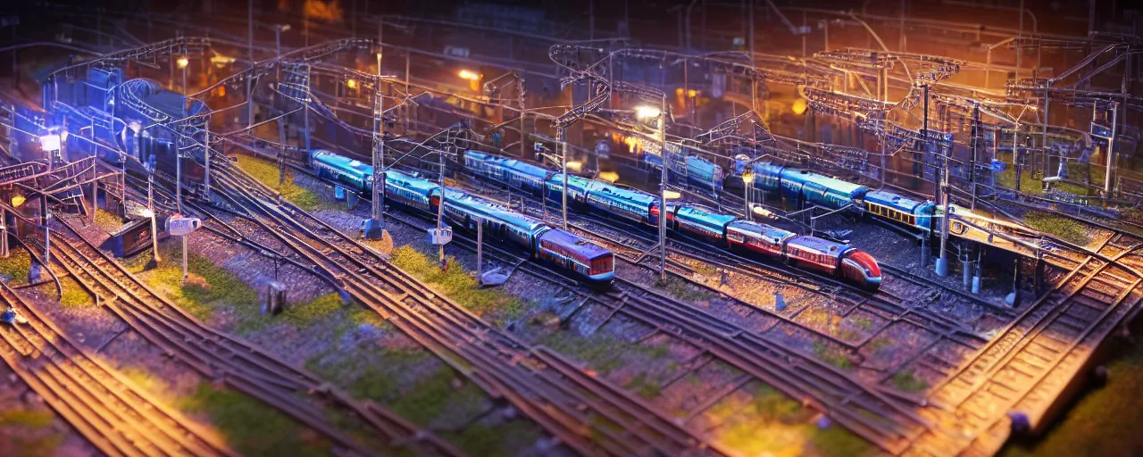 Image similar to mega detailed miniature voxel diorama of huge railway junction by night, futuristic architecture, tilt shift, volumetric lighting, several trains on rails, near future 2 0 3 0