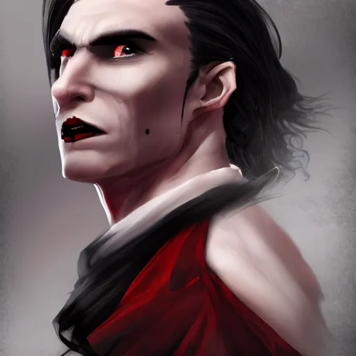 Prompt: a vampire, male, mid - 3 0 s aged, long, slicked black hair, clean shaven, in red and black, regal, high fantasy, realistic, highly detailed, concept art, 8 k.