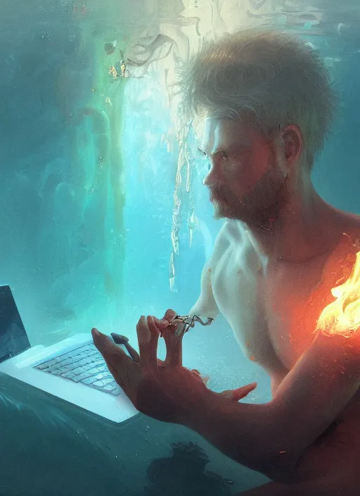 Image similar to close-up of character concept portrait of internet hacker hacking a laptop under water, submerged in aqua water, a floating iridescent fire behind him from God of War, intricate, elegant, digital painting, concept art, smooth, sharp focus, illustration, by WLOP and Ruan Jia and Mandy Jurgens and William-Adolphe Bouguereau, Artgerm