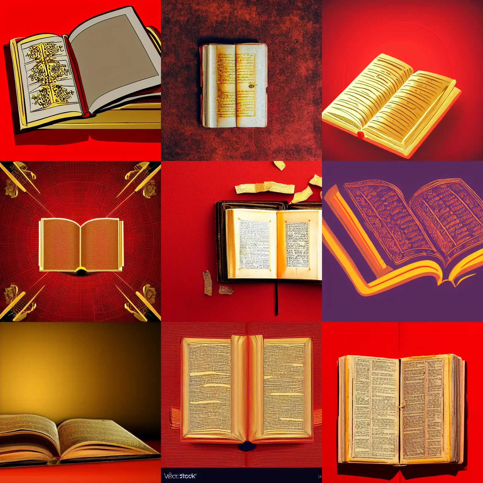 Prompt: open ancient book, golden book, surrounded by orange speed lines, red background, game asset,