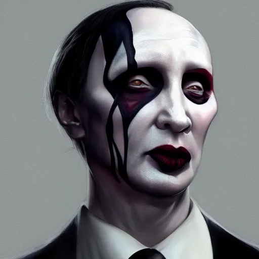 Image similar to Vladimir Putin as Marilyn Manson from Marilyn Manson, portrait, highly detailed, digital painting, artstation, concept art, smooth, sharp focus, illustration, cinematic lighting, art by artgerm and greg rutkowski and alphonse mucha