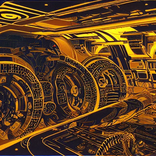 Prompt: painting of a syd mead scifi ancient civilzation interior engine room, filigree ornaments