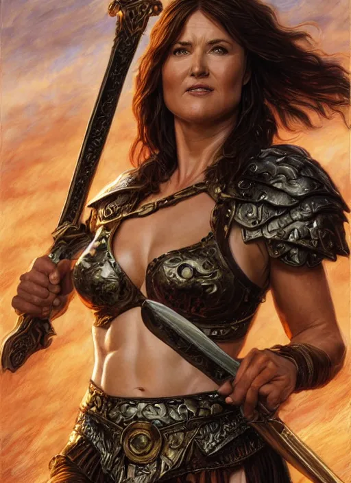 Image similar to Lucy Lawless as Xena as a ruggedly handsome hero holding an enormous large dual wielding sword, intricate, elegant, highly detailed, centered, digital painting, artstation, concept art, smooth, sharp focus, illustration, artgerm, donato giancola, Joseph Christian Leyendecker, WLOP, Boris Vallejo, Artgerm