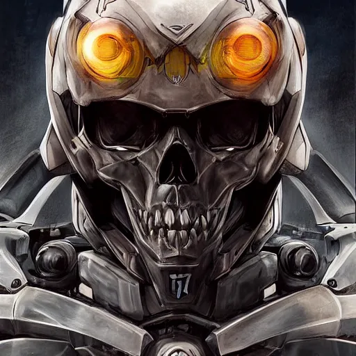 Image similar to full face portrait of a mecha skull ronin, 8k, hyperdetailed, digital painting, futuristic, trending on CG society